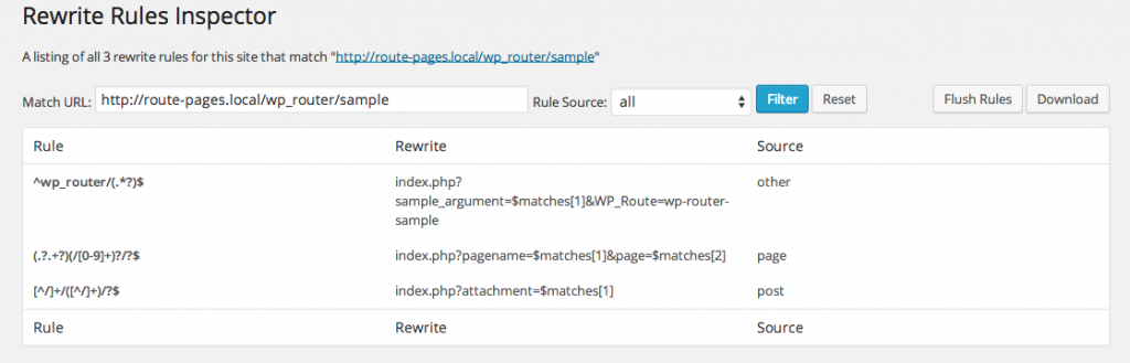 Rewrite Rules Inspector output dealing with WP Router sample route