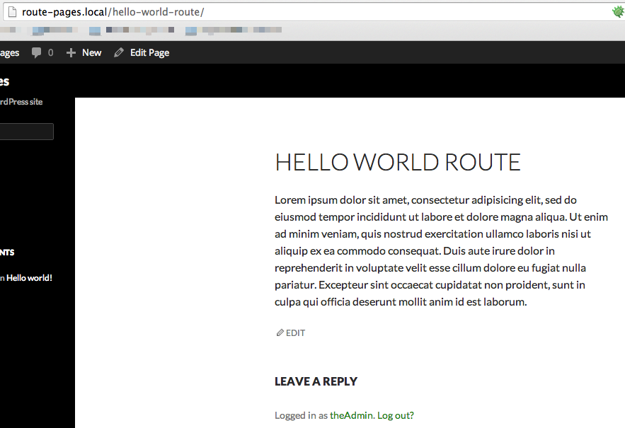 Hello world route page content on the frontend