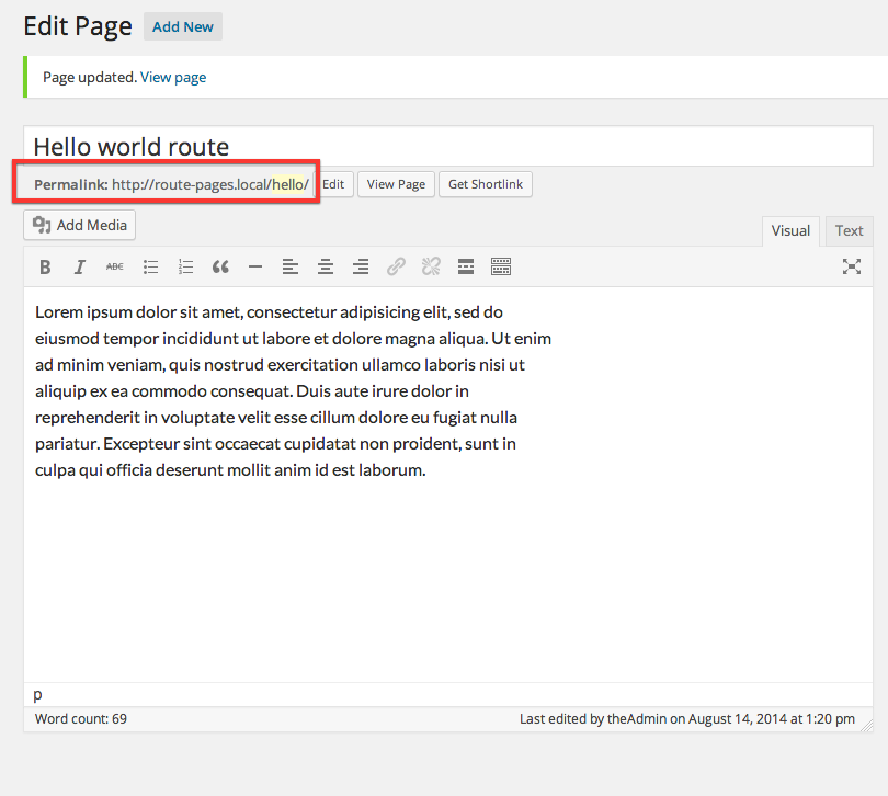 Hello world route page post_name changed in the backend