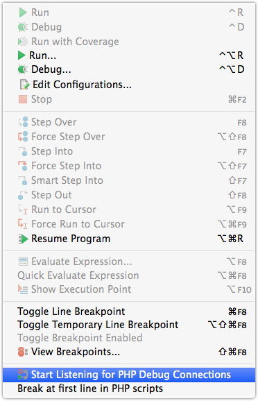 PhpStorm menu to enable listening for debug connections