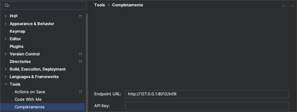 Completamente settings sections appearing in the IDE Tools