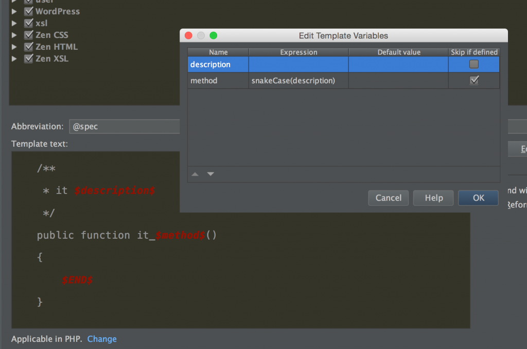 phpspec live template
