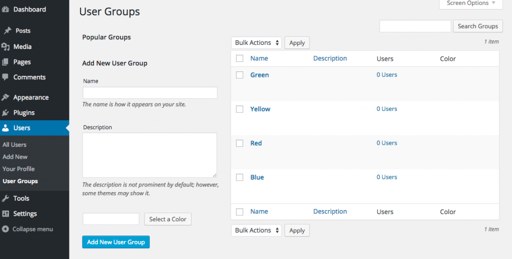 User Groups edit screen