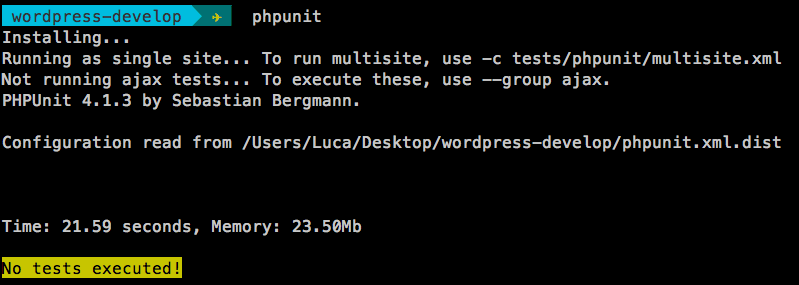PHPUnit message that no tests were executed