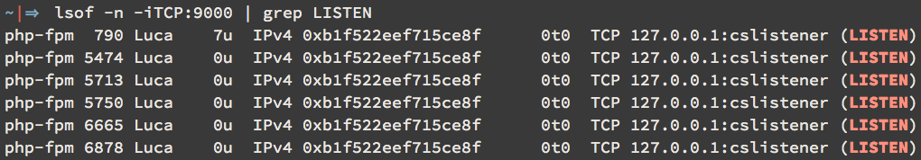 lsof on port 9000 shows PHP-FPM is listening